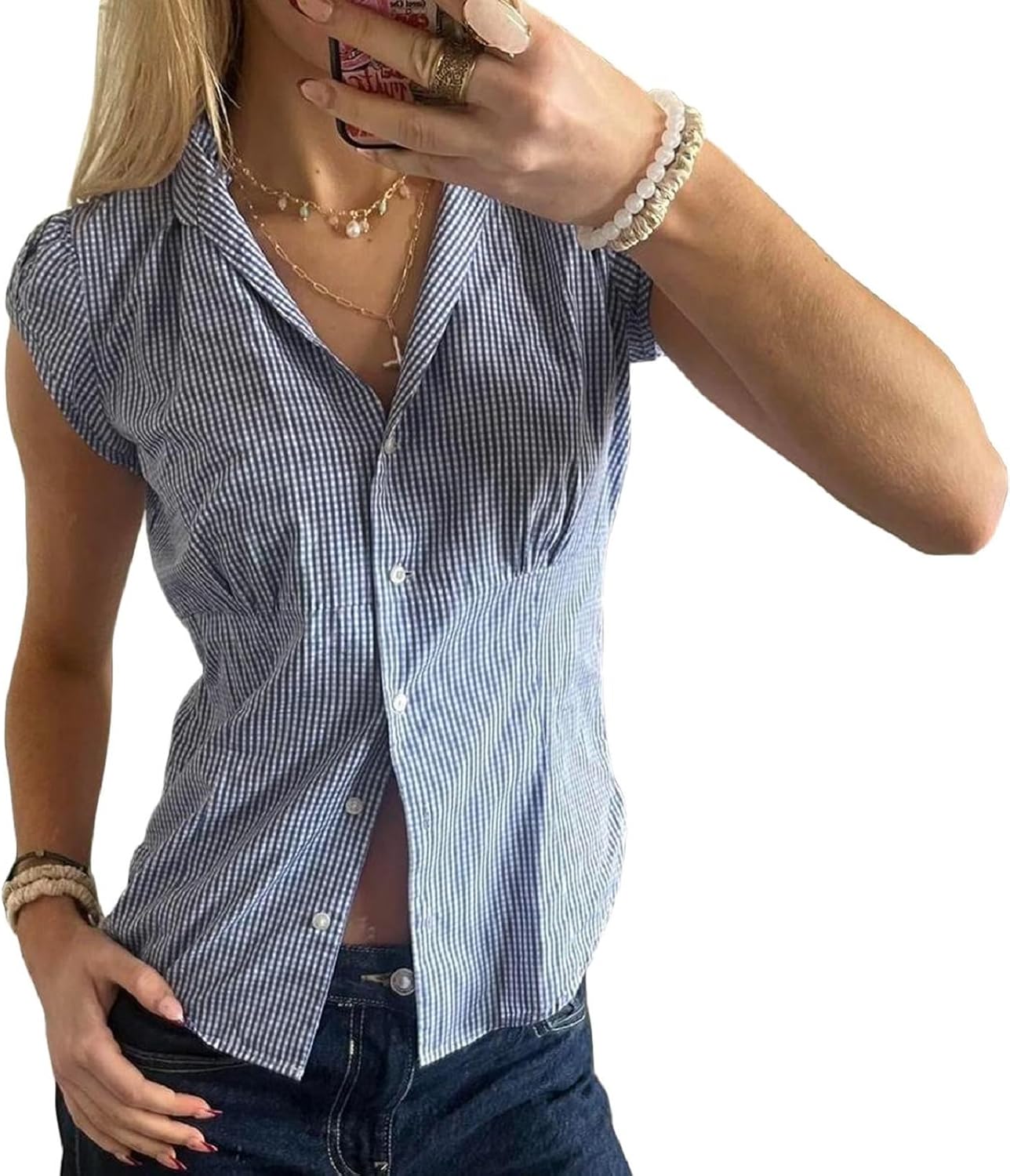 Women Y2k Plaid Button Up Shirt Cute Preppy Cap Sleeve V Neck Crop Top Coquette Babydoll Blouse Fitted Going Out Top