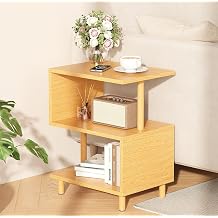 Apicizon S-Shaped Side Table, 3-Tier Nightstand with Solid Wood Legs, Slim Bedside Table with Storage Shelf, Modern End Table for Small Spaces, Bedroom, Living Room, Entryway, Natural