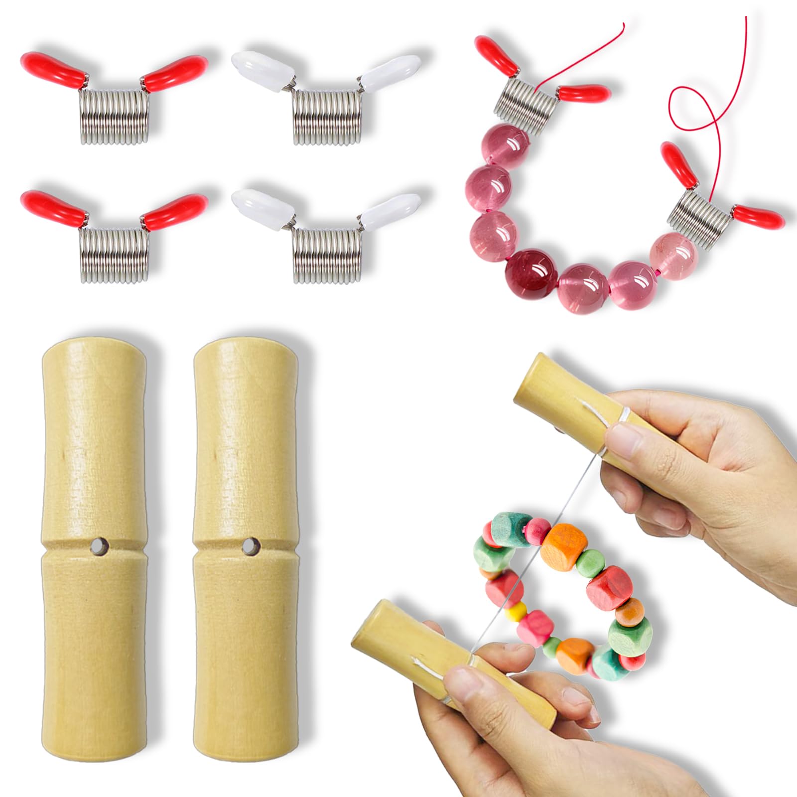 Fanjashn 6 Pcs Beading Tools for Jewelry Making & Silicone Beads | Include 4 Pcs Bead Clamps to Prevent Beads from Falling, and 2 Pcs Wooden Tightening Knot Grippers Tool for Silicone Beads