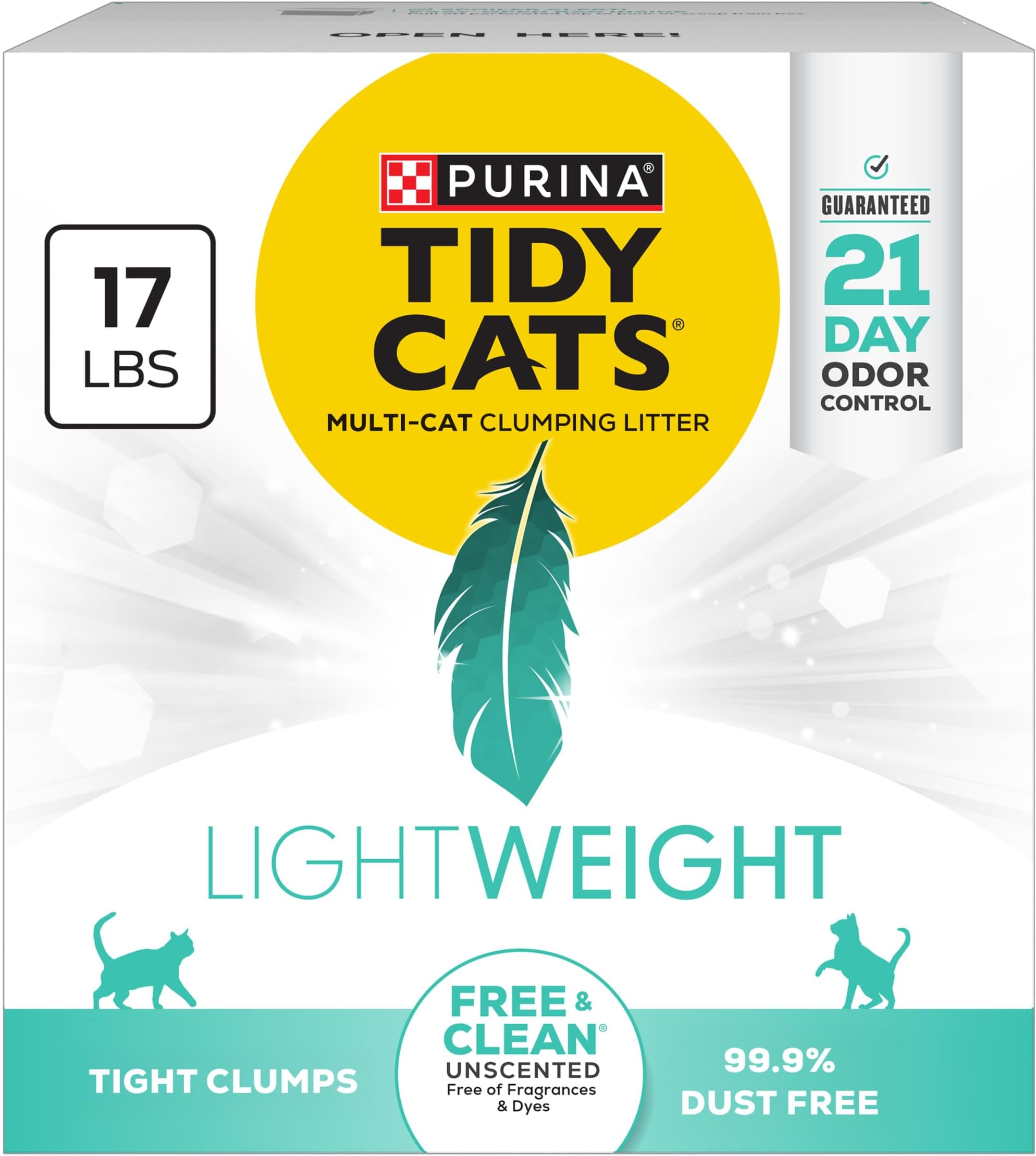Purina Tidy Cats Light Weight, Dust Free, Clumping Cat Litter; LightWeight Free & Clean Unscented, Multi Cat Litter - 17 lb. Box