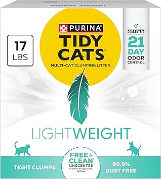 Purina Tidy Cats LightWeight Free and Clean Unscented, Multi-Cat, Clumping, 99.9 Percent Dust Free Cat Litter - 17 lb. Box