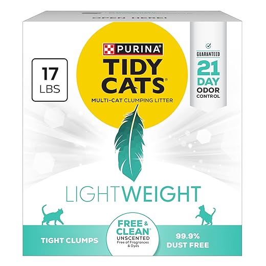 Purina Tidy Cats LightWeight Free and Clean Unscented, Multi-Cat, Clumping, 99.9 Percent Dust Free Cat Litter - 17 lb. Box
