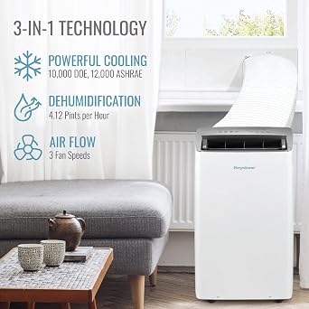 Keystone 12,000 BTU ASHRAE/10,000 BTU DOE Portable Inverter Air Conditioner with Quiet, High Efficiency Operation and Remote, AC Unit for Apartment, Living Room, Medium Rooms up to 450-Sq. Ft.