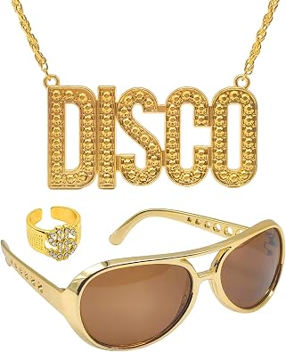 Xerteam 3Pcs Disco 60s 70s Clothing Accessory Set, Disco Chain Necklace, Sunglasses, Dollar Sign Ring, 70s Jewelry Costume for Men Women Halloween Dress Up Birthday Party