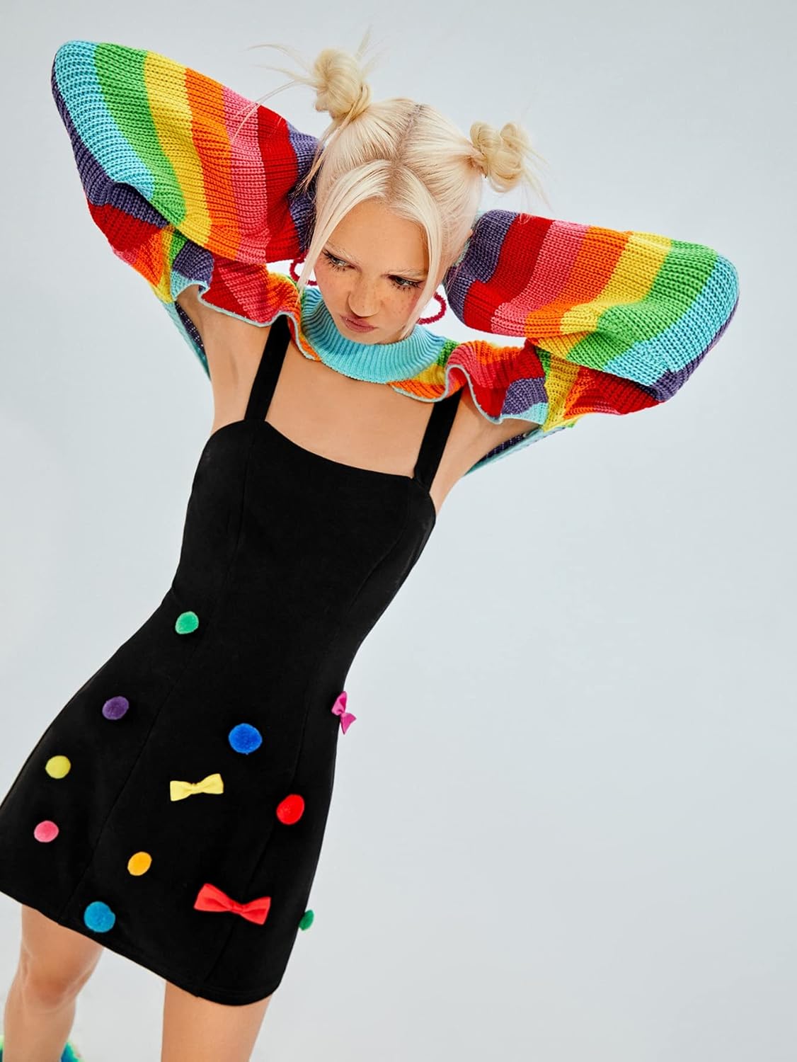 Women's Sweater Rainbow Striped Pattern Lantern Sleeve Shrug Sweater Sweater for Women (Color : Multicolor, Size : Medium)