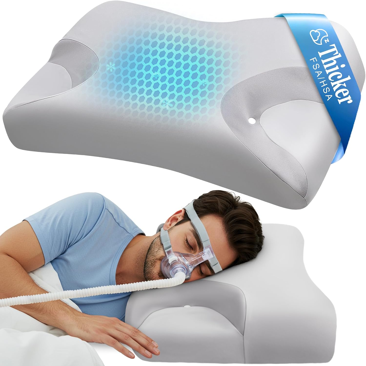 HSA/FSA CPAP Cervical Pillow for Side Sleepers–Reduce Mask Air Leaks & Pressure,Ergonomic Neck Support for Pain Relief,Dual-Height Memory Foam Pillow with Cooling Cover for Side,Back & Stomach Sleeper