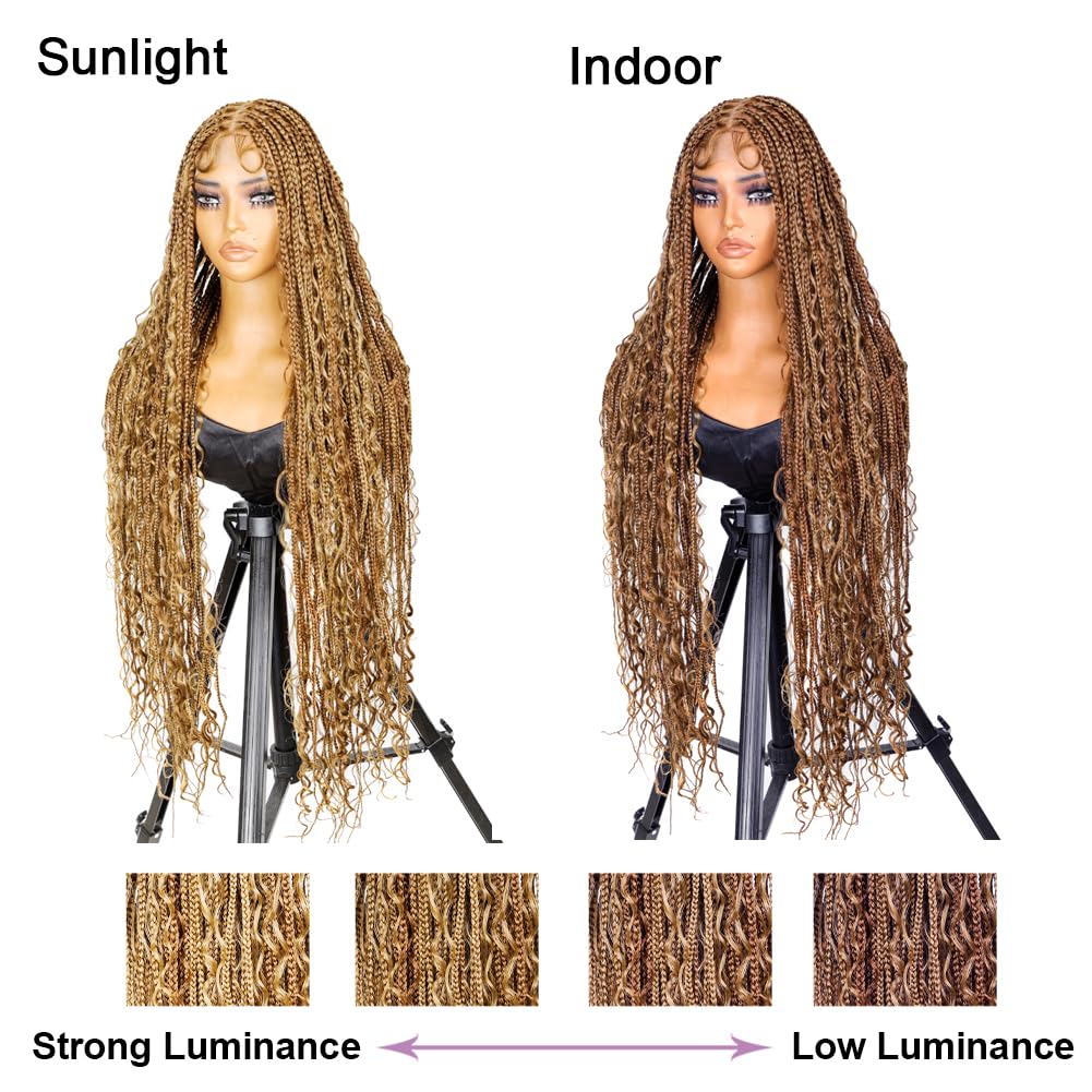 SUPERNOVA 36 Inch Long Wavy Full Lace Box Braided Wigs P30/27# Ombre Color Square Knotless 360 Full Lace Synthetic Hair Boho Braided Wig For Black Women Baby Hair Around Knotless Box Braids Wig