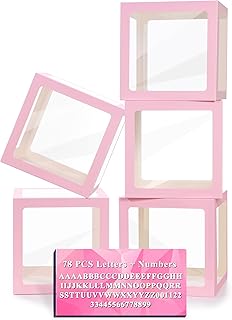 Pink Transparent Balloon Boxes with Letters, 5 Clear Baby Boxes with 78 Letters & Numbers for Bridal Shower Valentine's Day Gender Reveal Birthday Wedding Party Backdrop Decor