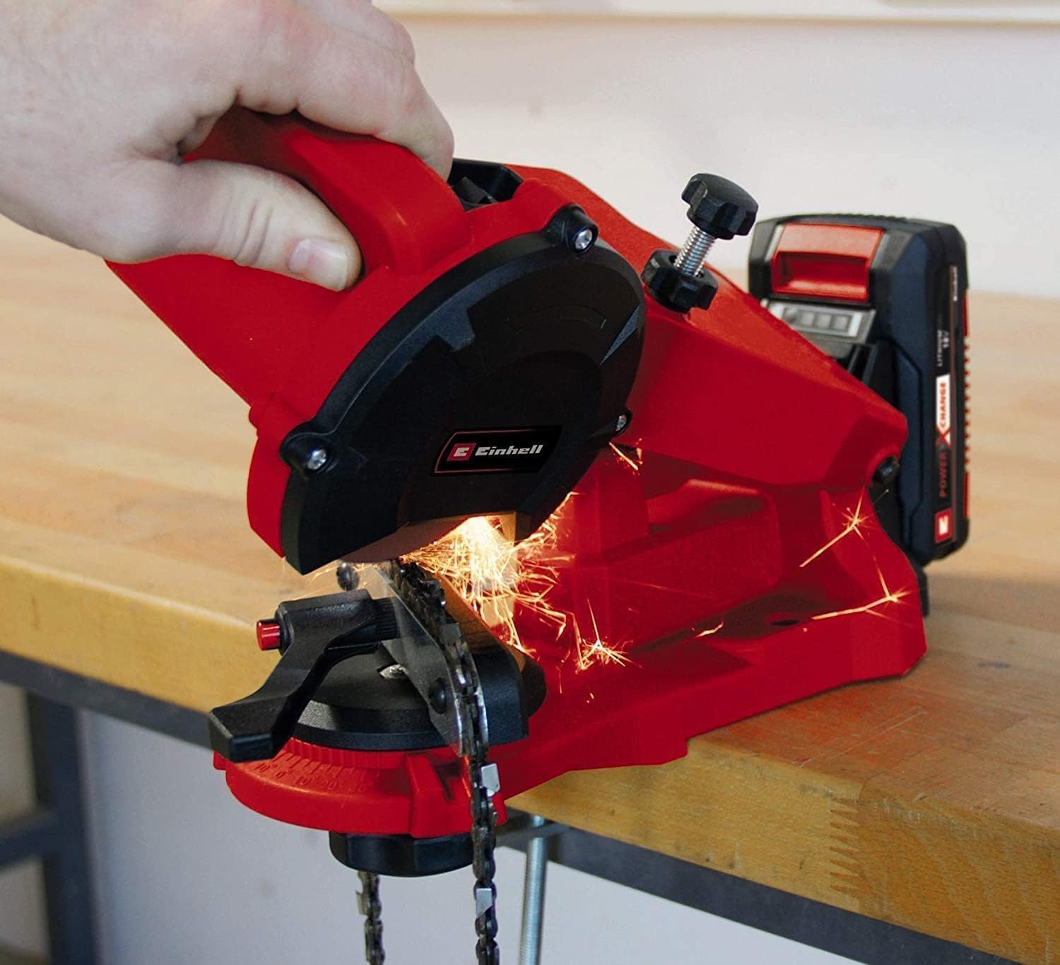Einhell Cordless Saw Chain Sharpener GE-CS 18 Li - Solo (Depth Limit, Chain Tensioner, Precise Grinding Angle Adjustment, LED Light)