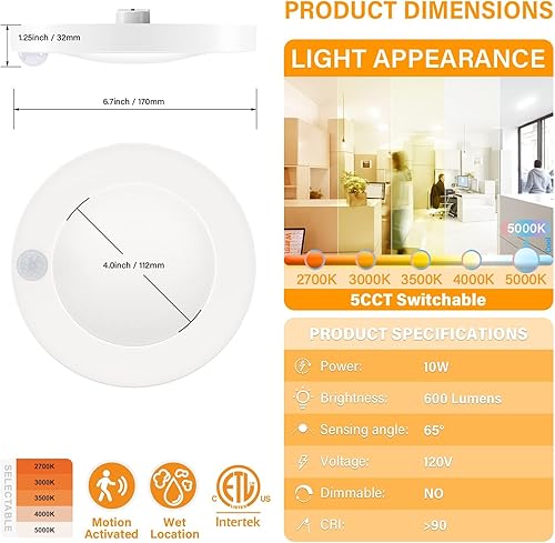 Miniatura 8 de JULLISON Luz de techo LED negra con sensor de movimiento 5CCT seleccionable en campo de 4 pulgadas, luz de armario con cable de 120 V, 10 vatios,