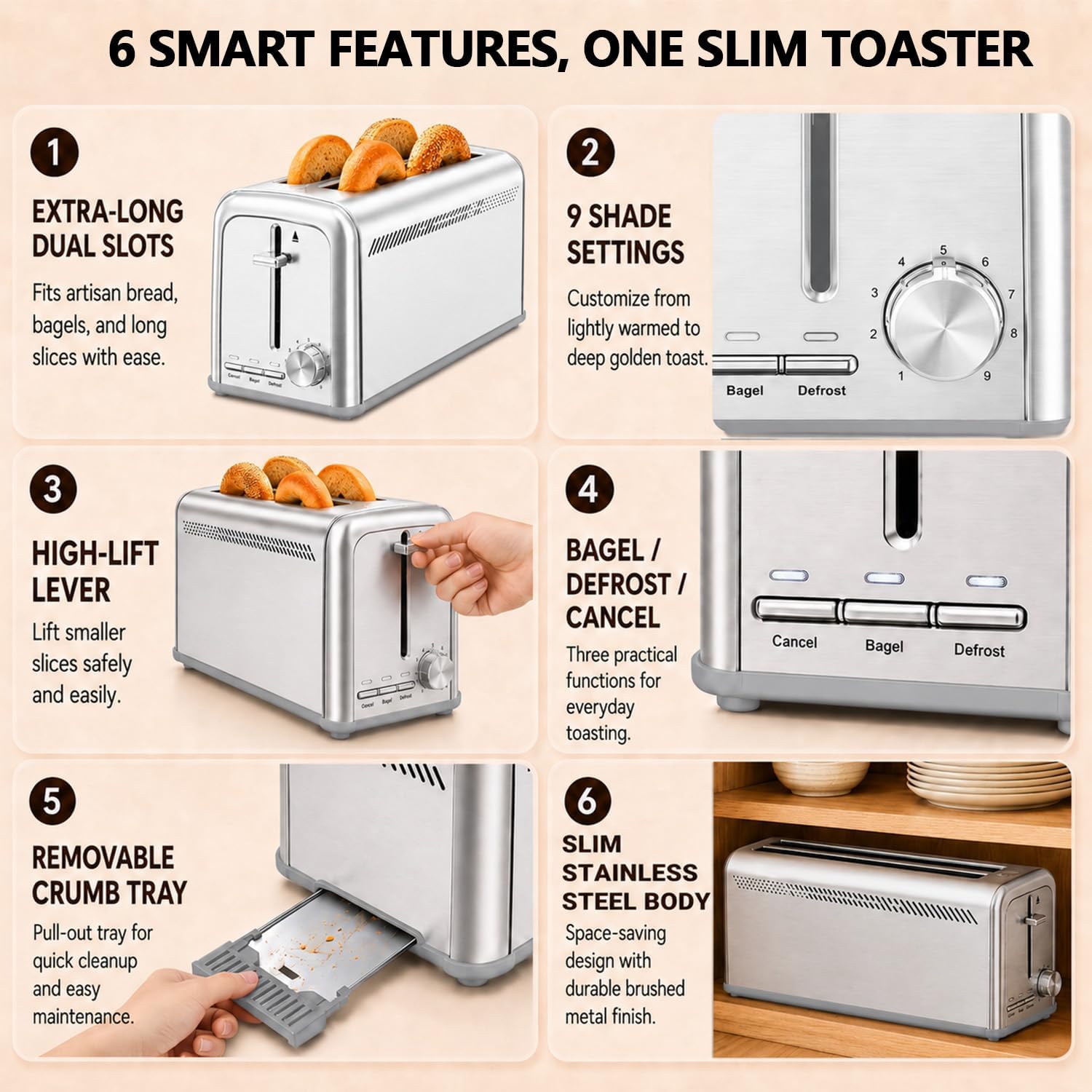 Slim Toaster 4 Slice, Long Slot Stainless Steel, 9 Shade Settings(Silver)