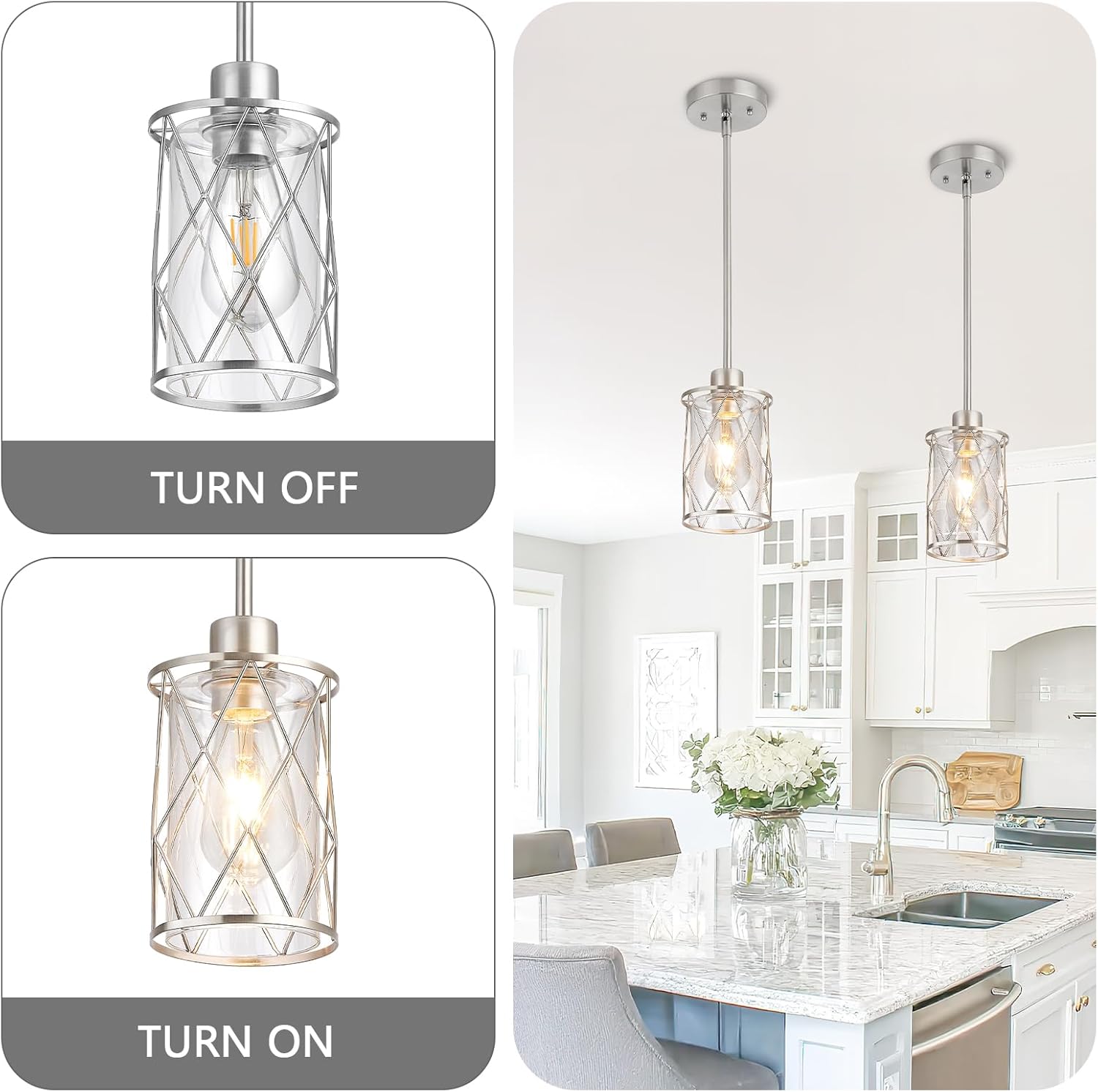 Refice Glass Pendant Lights Kitchen Island, Brushed Nickel Kitchen Hanging Light with Clear Glass, Farmhouse Cage Mini Pendant Lighting for Sink Dining Room Bedroom Bar, 2 Pack