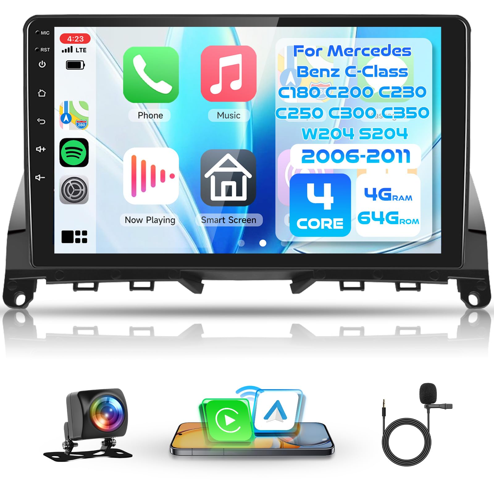 Rimoody 4G+64G Android Car Stereo for Mercedes Benz C-Class C180 C200 C230 C250 C300 C350 W204 S204 2006-2011, Wireless Carplay Android Auto, 9''