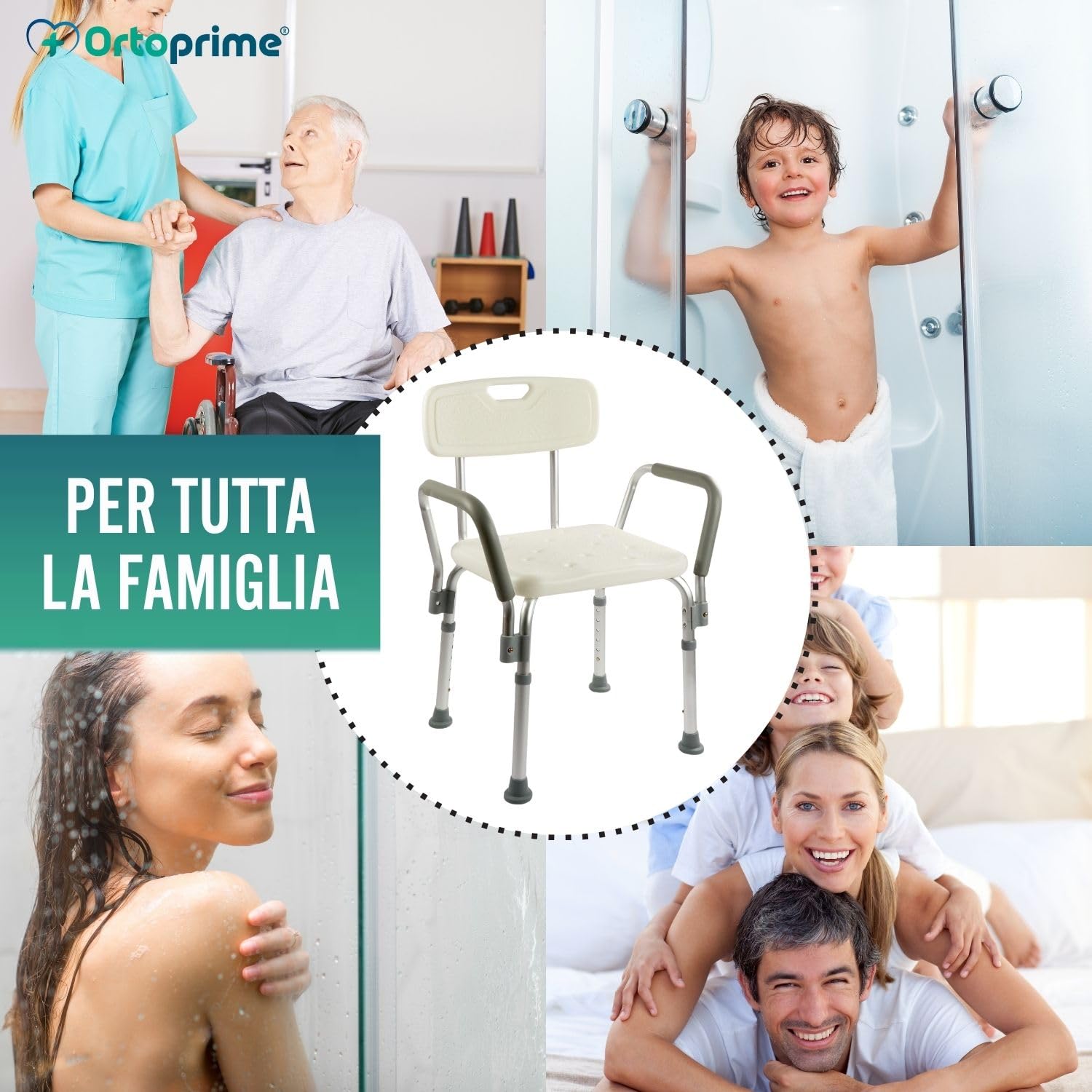 OrtoPrime Sedia da Doccia per Anziani con Schienale Rimovibile – Seggiolino Doccia Antiscivolo Regolabile in 6 Altezze – Sedile per Doccia Anziani e Disabili con Braccioli Imbottiti