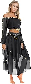 Women Gypsy Princess Coplay Halloween Costumes Belly Dance Crop Top and Beaded Chiffon Skirt