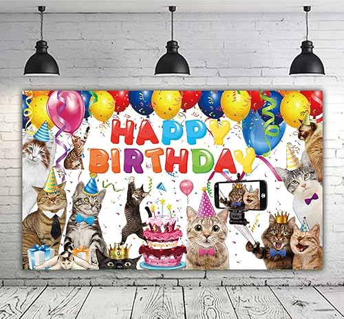 Cartel de cumpleaños con texto en inglés Happy Birthday de 6 x 3.6 pies con texto en inglés Happy Birthday para gatos y gatos, suministros para