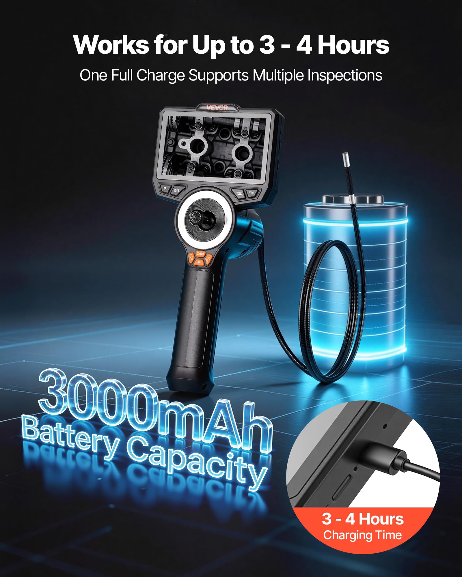 VEVOR Caméra Endoscopique 360° 4 Voies Endoscope 1080p Caméra Inspection pour Canalisation et Automobile, avec Sonde 6,2 mm, Éclairage, Écran IPS HD 4,5 Pouces, Câble Serpent Flexible 1,5 m, Zoom 8X