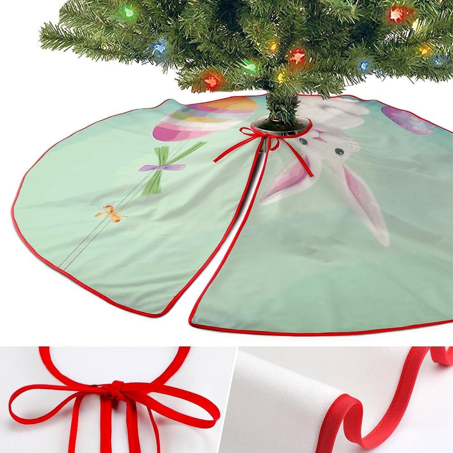 Christmas Tree Skirt,for Xmas Tree Holiday Party Decorations Happy Easter Egg Rabbit Printed Christmas Tree Mat Red Lace-up Christmas Tree Dress