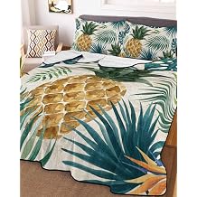 King Quilt Bedding Set, Pineapple Monstera Leaf Green Leaves Lightweight Coverlet Summer Comforter Set Soft Microfiber Bedspread, Tropical Fruit 3 Piece Quilt Set with 2 Pillow Shams All Seasons Use