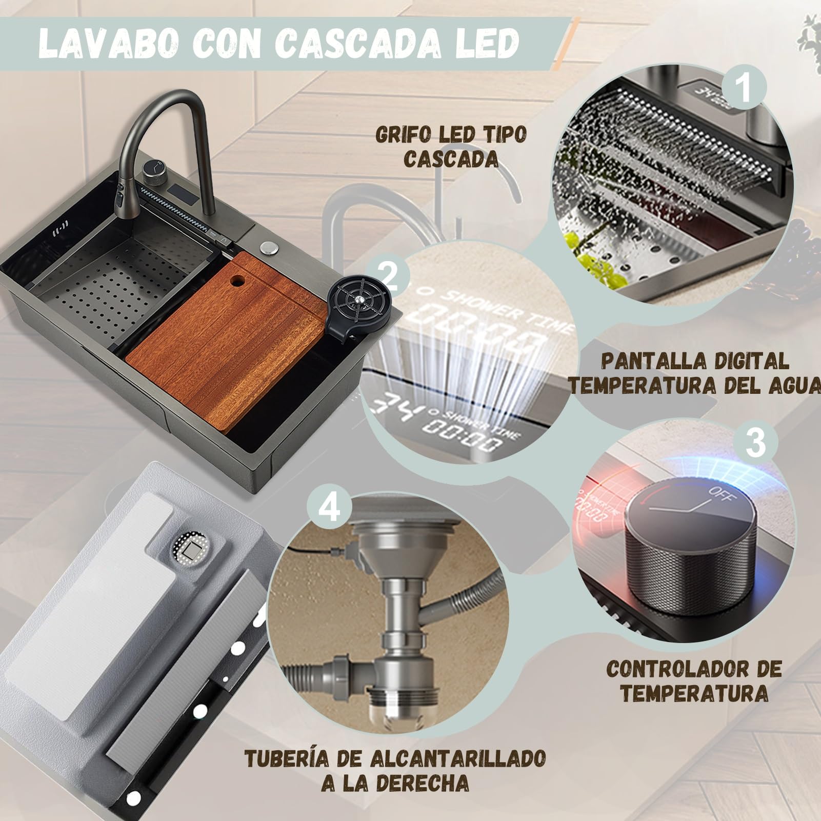 85x45cm Fregadero De Cocina De Con Cascada Negro, Lugar De Trabajo Grifo De Cascada LED, Tabla De Cortar Deslizante Y Fregadero De Tazas De Alta Presión, Compacto Y Multifuncional