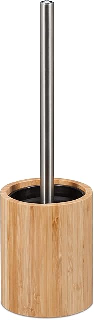 Relaxdays Silicone, Antibacterial, Toilet Interchangeable Head, Bamboo Brush Holder, Natural/Silver, 1 Item