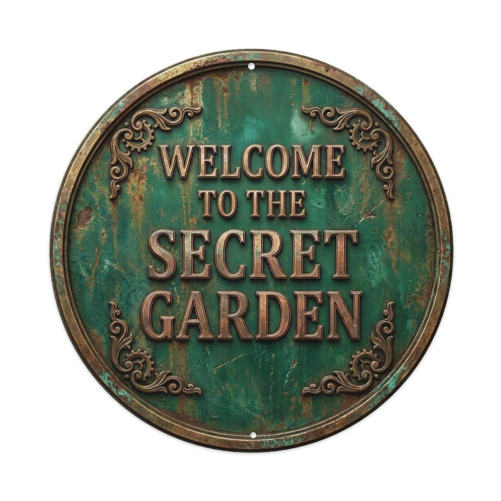Vintage Welcome Secret Garden Gold Malachite Ornate Metal Tin Sign