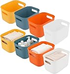 MOUYAT 8 PCS Colorful Plastic Storage Bins with Handles, 10 x 7 x 6 Inch Stackable Plastic Cube Closet Baskets for Kitchen Bathroom, Hand Soap, Shampoos, Towels