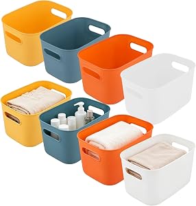 MOUYAT 8 PCS Colorful Plastic Storage Bins with Handles, 10 x 7 x 6 Inch Stackable Plastic Cube Closet Baskets for Kitchen Bathroom, Hand Soap, Shampoos, Towels