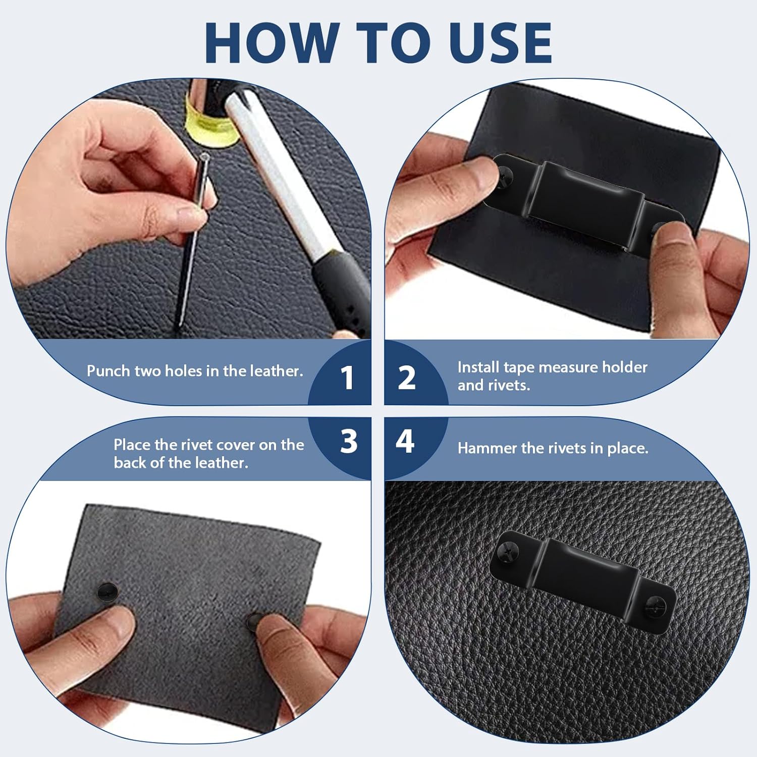 6 Pcs Tape Measure Holder Clips, Black Metal Tape Measure Holder with Rivets for Leather Tape Holster and Tool Pocket Pouch