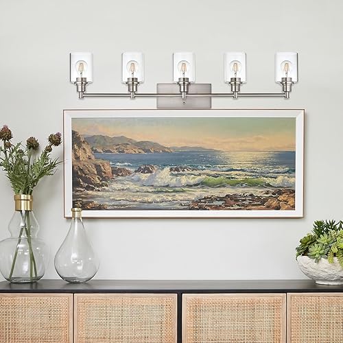 Miniatura 5 de Lámparas de baño de níquel cepillado, 5 luces con pantalla de vidrio transparente, iluminación de pared de granja para pasillo, sala de estar, cocina