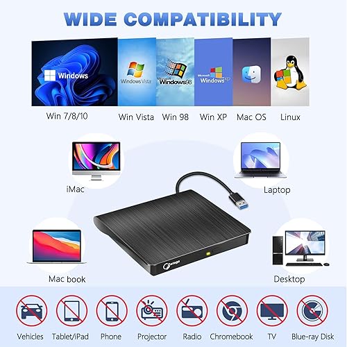 Miniatura 4 de Gotega Unidad de DVD externa, USB 3.0 portátil +/-RW, reproductor de DVD para grabadora de CD ROM compatible con computadora portátil de escritorio