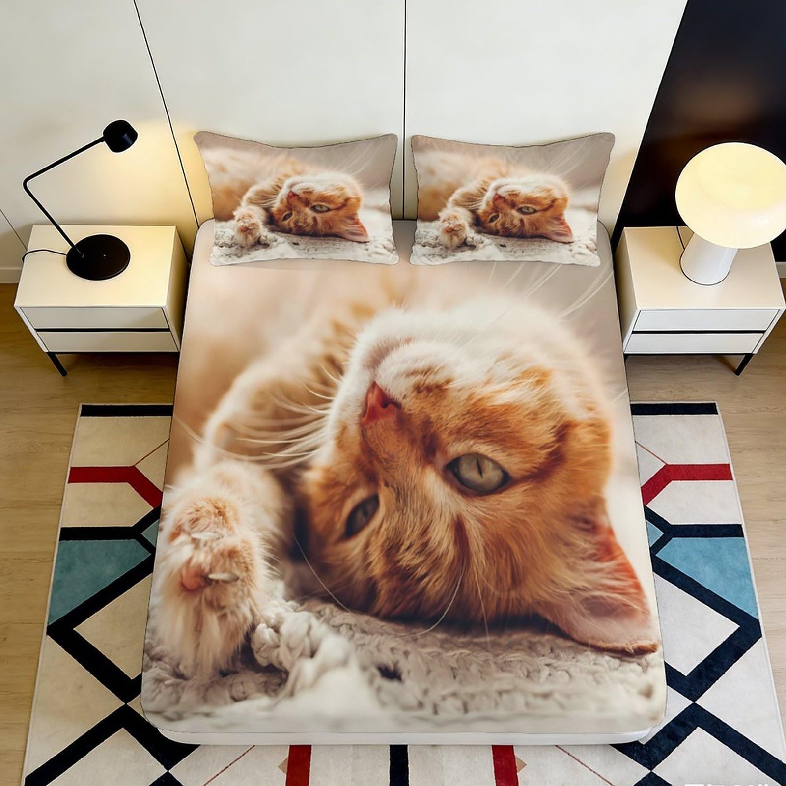 3D Printed Ginger Cat Fitted Sheet Microfiber Anti-Slip Orange Tabby Mattress Cover for Bedroom Decor Easy Care 200x200x25cm