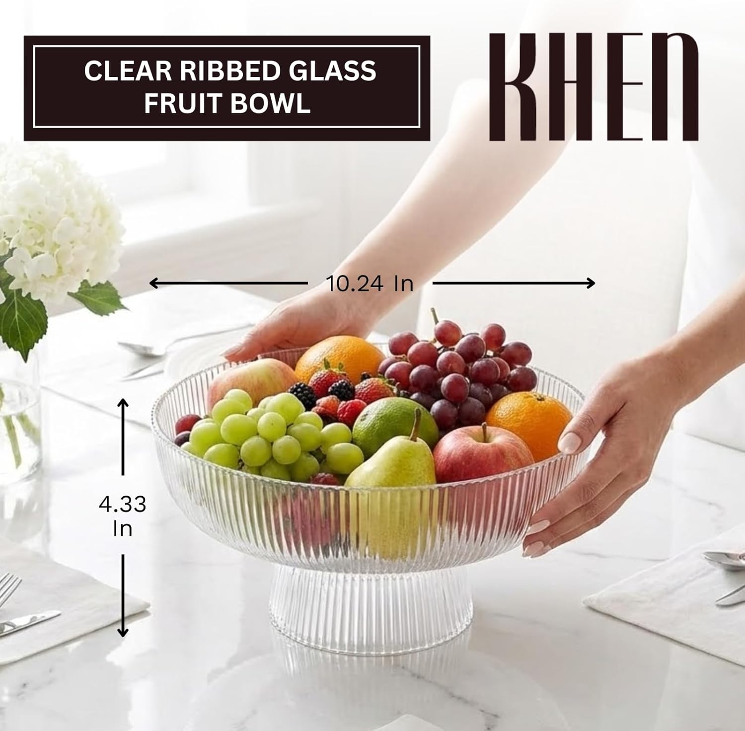 Khen Decorative Fluted Transparent Glass Bowl, Fruit, Snacks Sweets - 10.5" Ribbed Pedestal Serving Dish & Modern Table Centerpiece for Kitchen Dining Decor, Salad Bowl, Elegant Home Gifting, Crystal