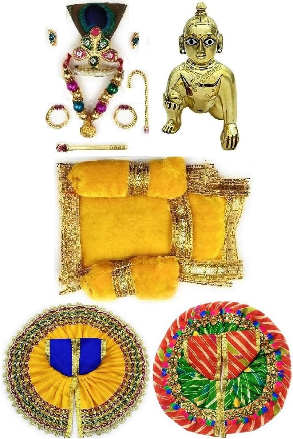 Laddu Gopal Murti (Brass Idol) with Shringar Set of Mukut, Mala, Bansuri, Asan and 2 Dresses for God Krishna (Ladoo Gopal Dress Combo) (3 no.)