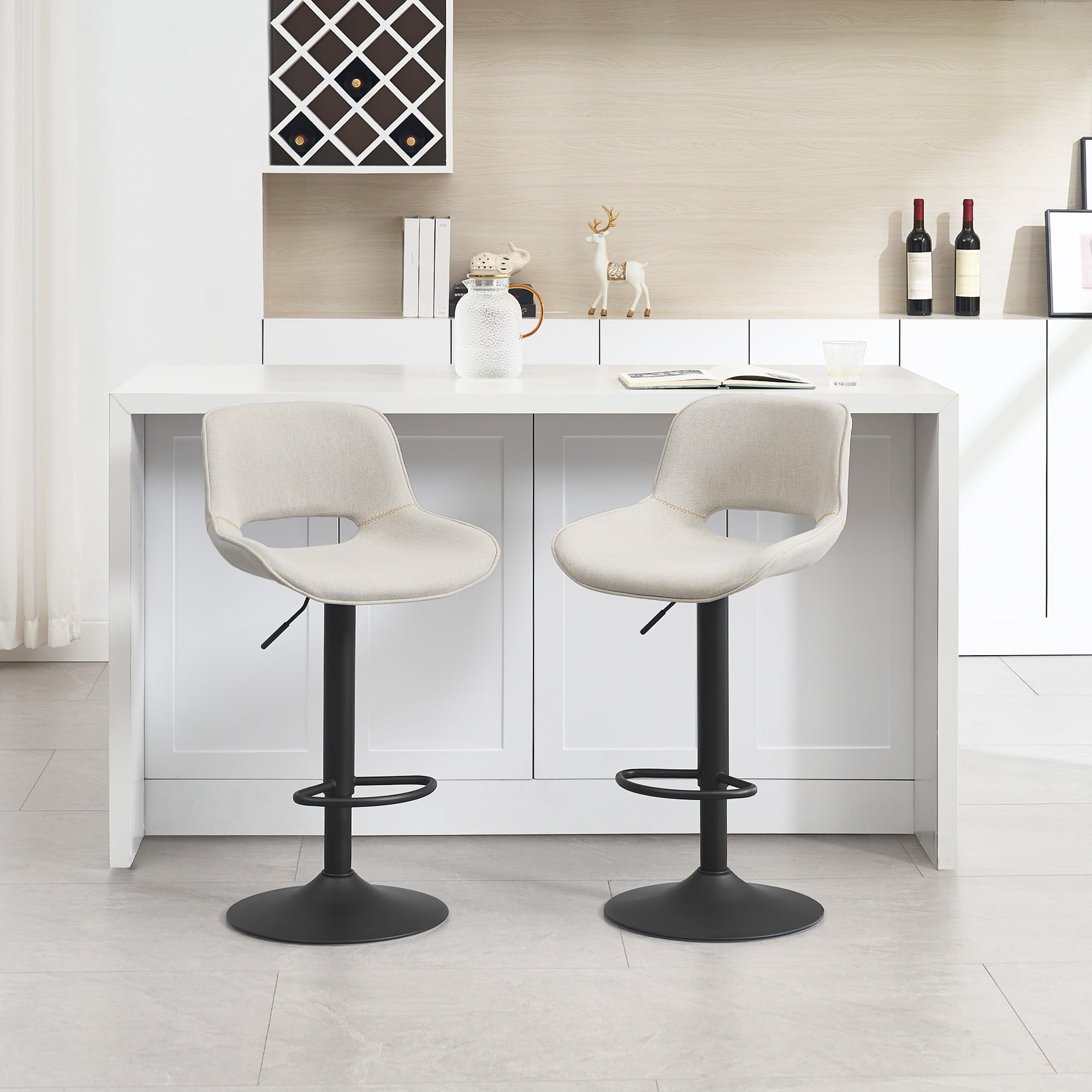 WOLTU 2X Taburetes de Bar, con Reposapies Tela, Beige | para Comedor, Salón y Cafetería