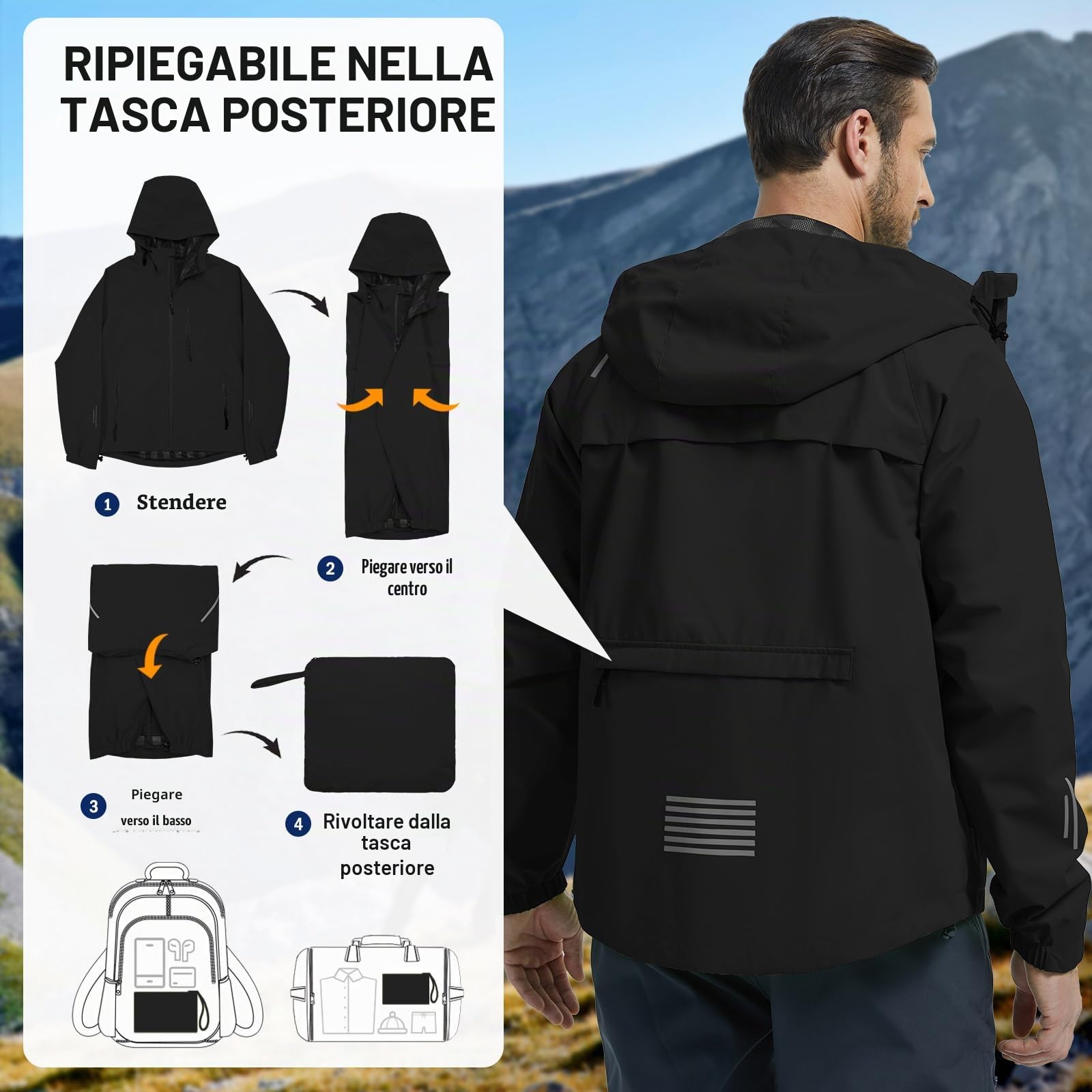Giaccone Sportivo Uomo Impermeabile Leggero e Antivento Felpa con Cappuccio per Outdoor