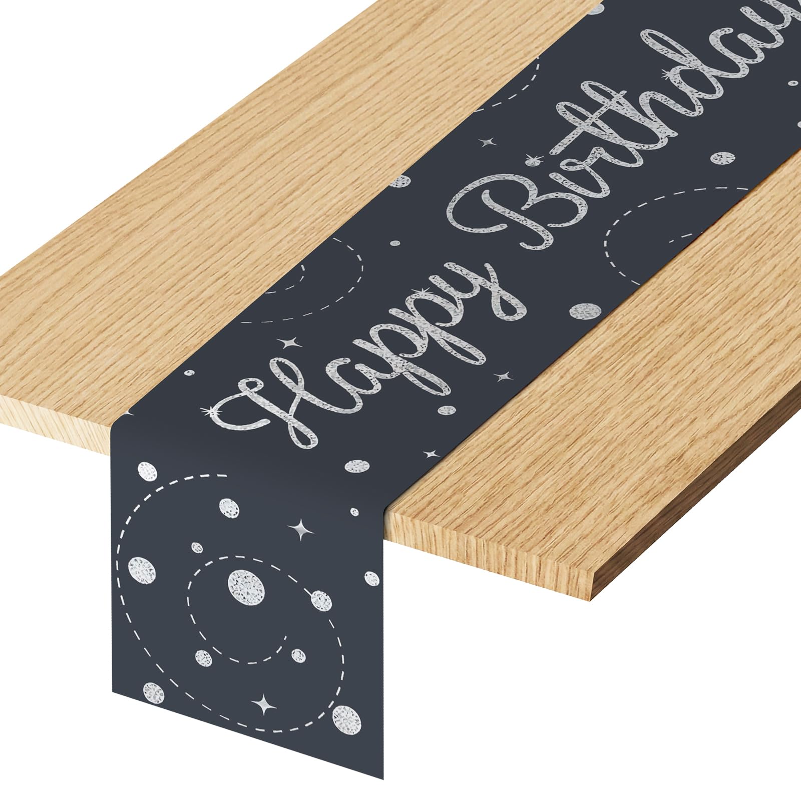 AYESY Happy Birthday Table Runner, 180 x 35 cm Black Silver Birthday Table Cloth Cover Linens Decorations for Men Women Party Celebration Banquets Decor Supplies