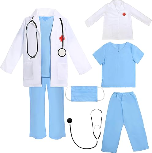 Wizland Disfraz de médico para niños, bata de laboratorio de doctor, juego de rol con accesorios para niños y niñas 3-5,5-7,7-9