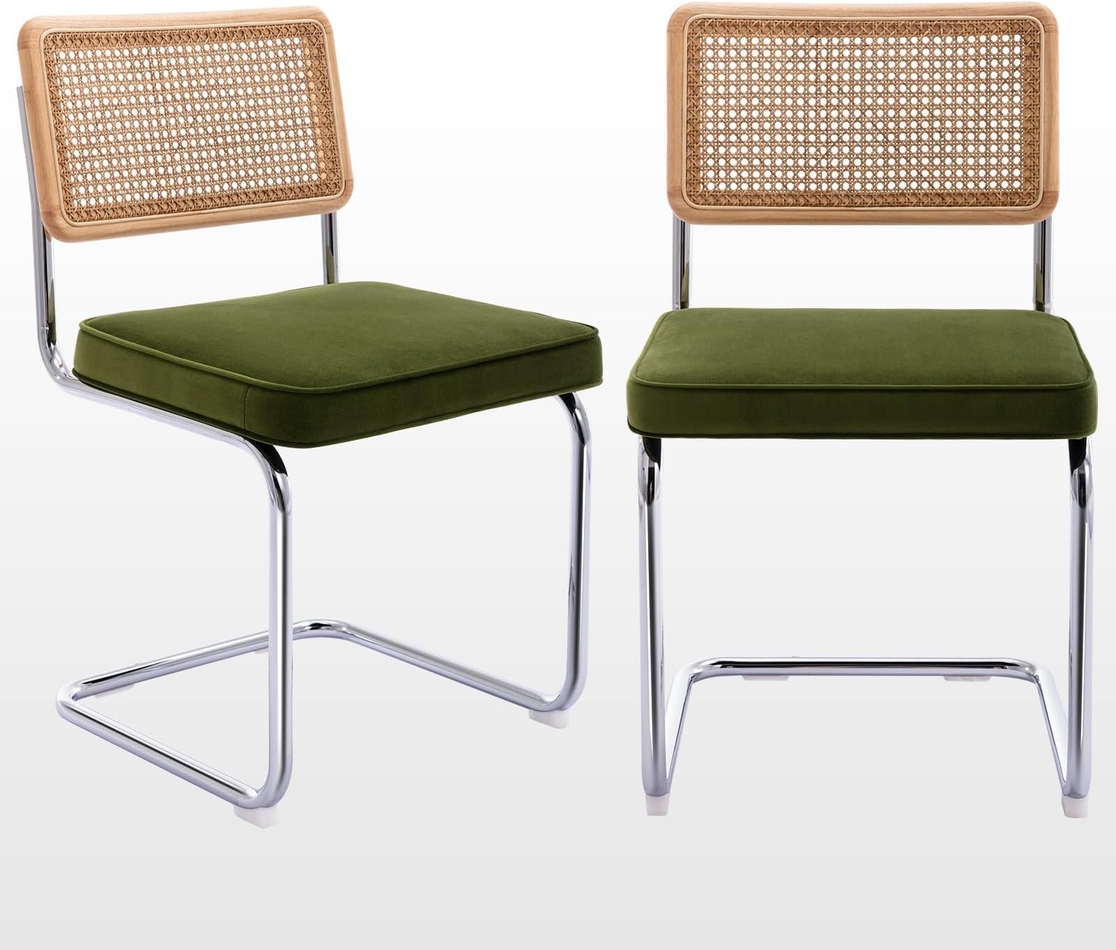Zesthouse Natural Rattan Dining Chairs Set of 2, Olive Green Modern Kitchen Chairs with Solid Wood Back & Chrome Base, Mid Century Breuer Design Inspired, Upholstered Velvet Fabric