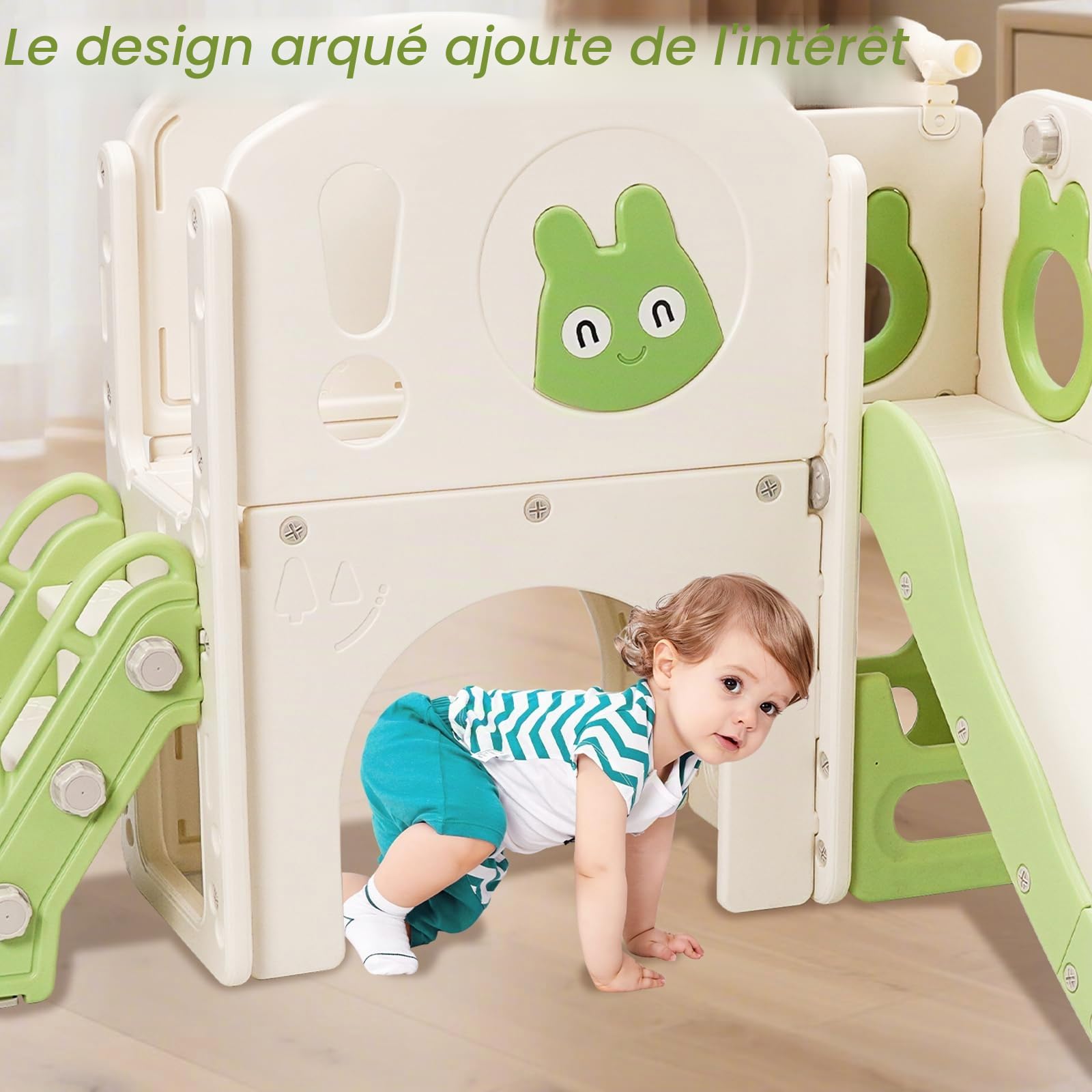 Toboggan pour enfants avec cadre d'escalade, toboggan pour enfants 6 en 1 avec télescope, panier de basket, plateforme de marche, aire de jeux pour enfants, longueur du toboggan 160 cm (vert)