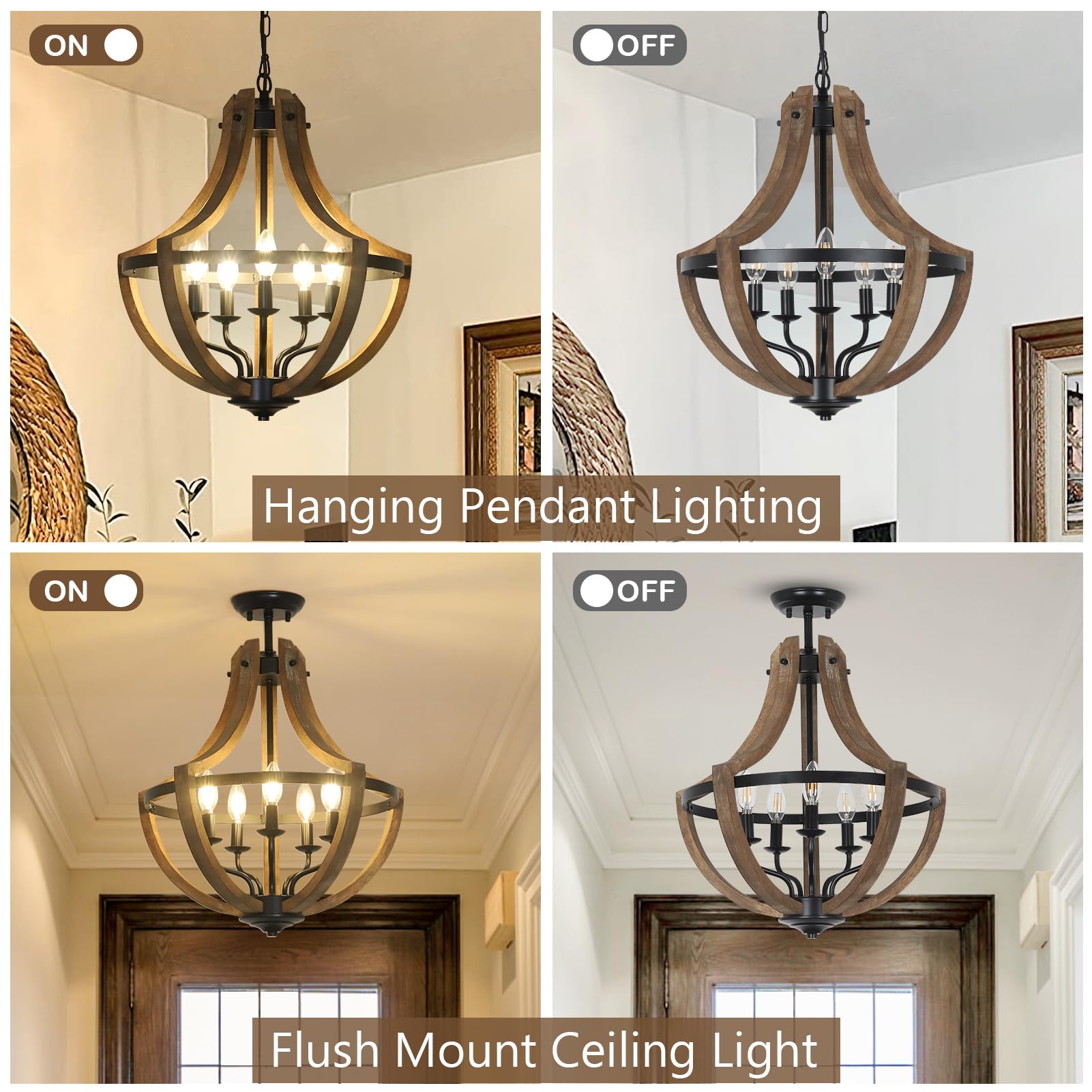 19.2" Modern Farmhouse Chandelier Light Fixtures, 5-Light Dining Room Light Fixtures Over Table, Rustic Hanging Lights for High Ceiling, Wood Chandeliers for Dining Room Kitchen Island Bedroom Foyer