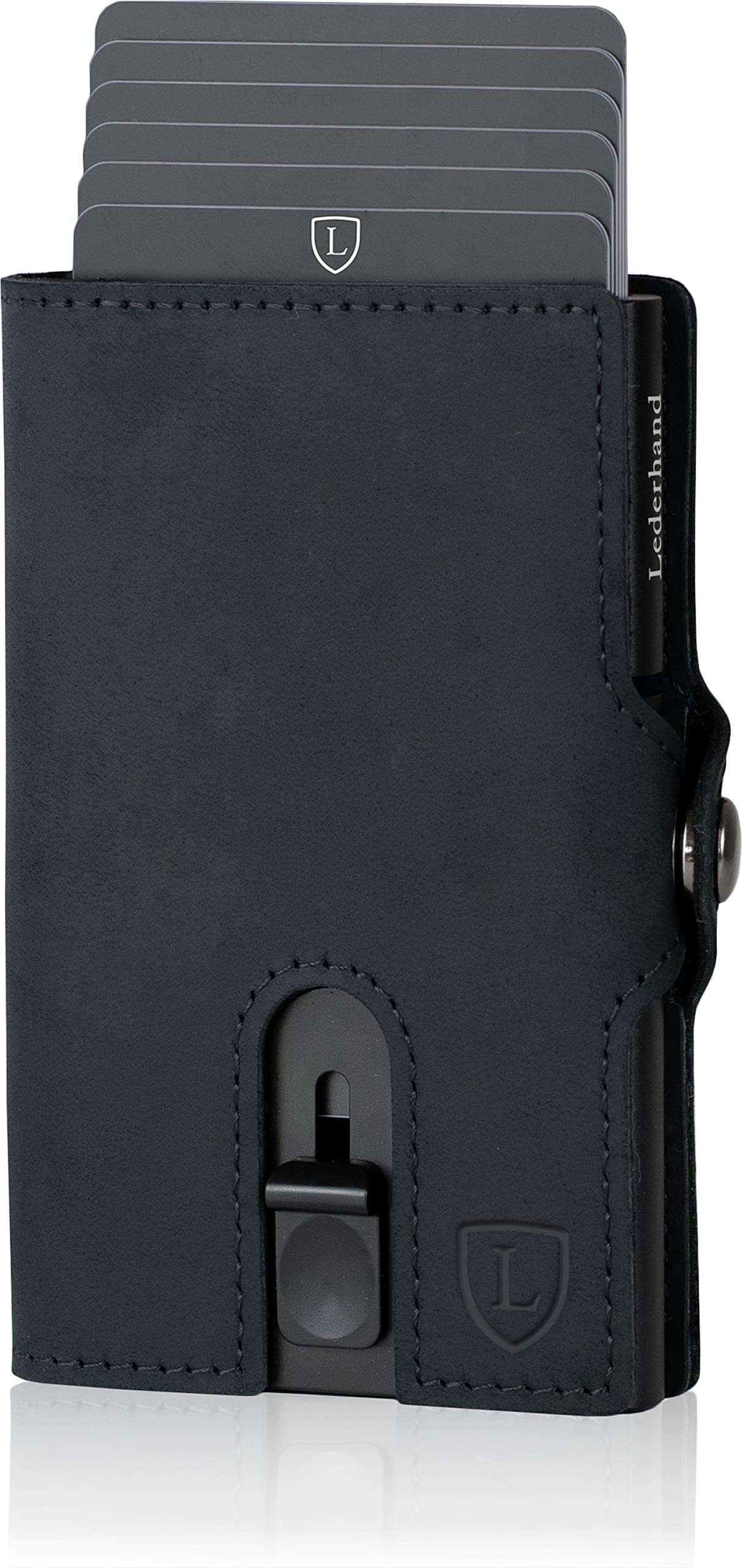 Lederhand® Aventus Wallet – Leder Geldbörse handgemacht für Herren und Damen Portemonnaie Aluminium Kartenhalter mit Münzfach und Platz für 9 Karten mit RFID NFC Schutz Farbe|(Schwarz)