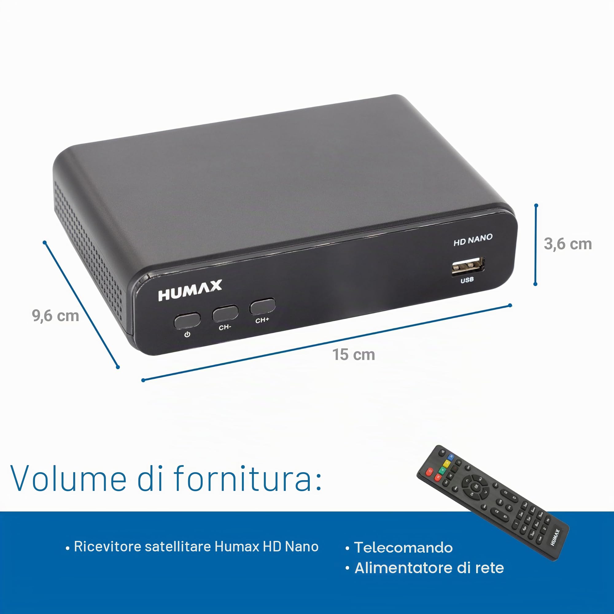 Humax Digital HD Nano - Ricevitore satellitare digitale HD 1080P HDTV con alimentatore da 12 V Campeggio - Astra preinstallato - HDMI, SCART, DVB-S/S2, senza cavo HDMI
