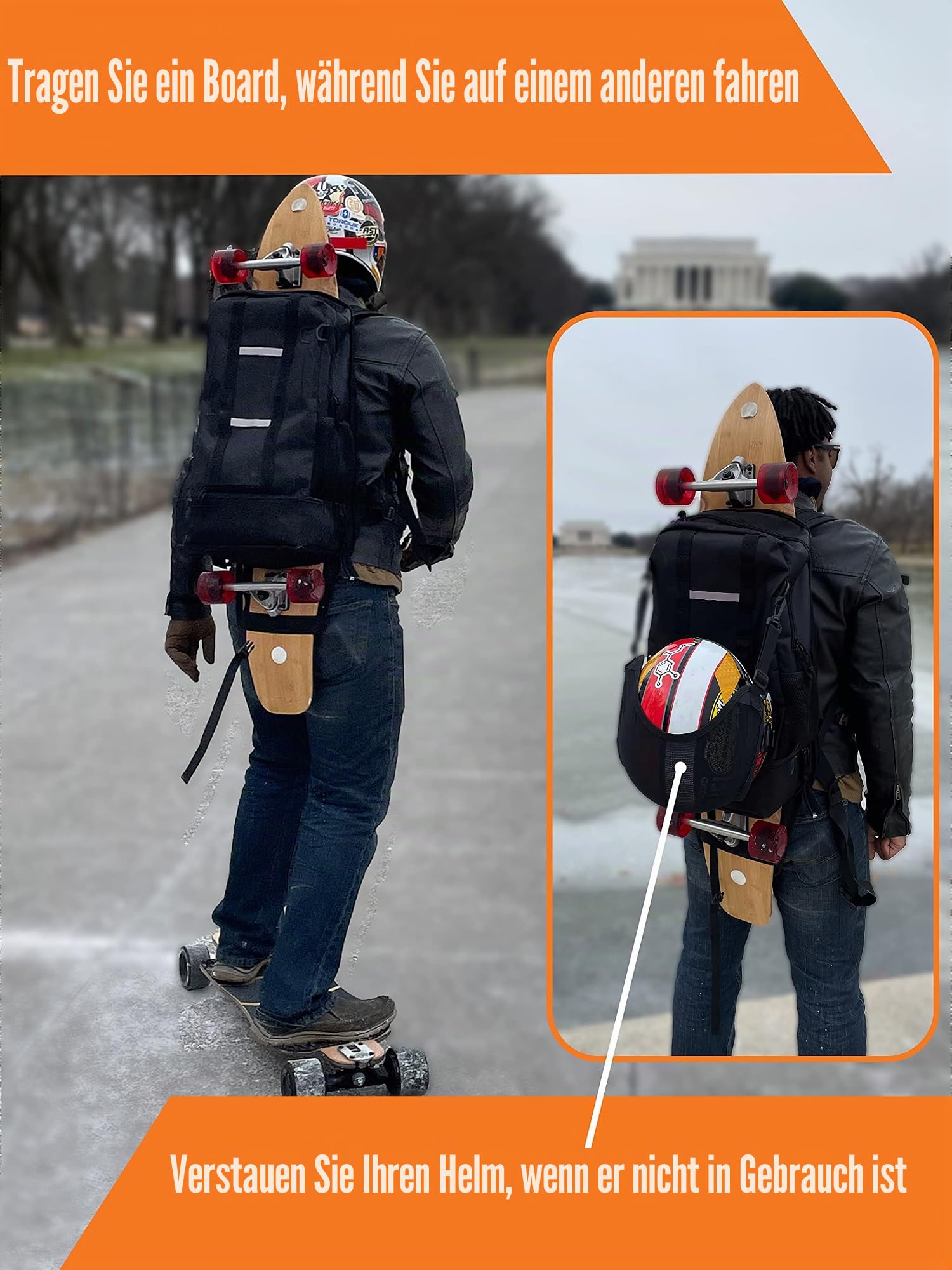 Faltbarer elektrischer Skateboard-Rucksack für Longboard oder Skateboard jeder Größe,großer wasserdichter Reise-Skateboard-Rucksack mit Fächern für Laptop, Helm, Telefon, Schwarz, Modern