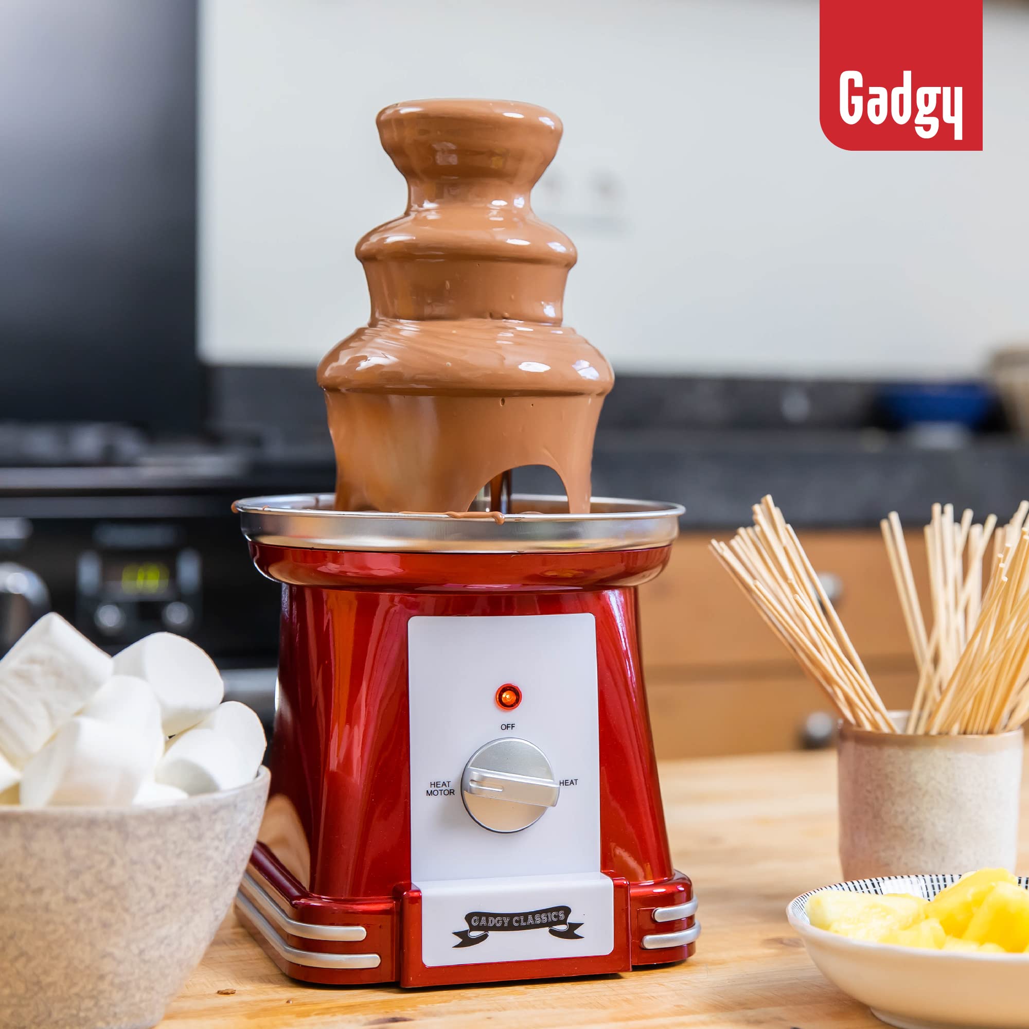 Gadgy Fontaine à Chocolat à 3 niveaux - Fontaine à Chocolat en Acier Inoxydable - Fontaine à Chocolat Retro Look - Fondue à Chocolat 90 Watt - Cascade à Chocolat Rouge
