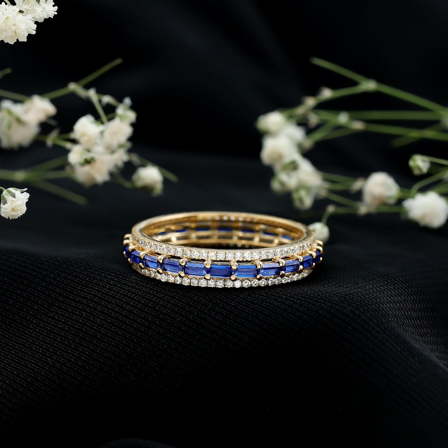 Certified Lab Grown Blue Sapphire Eternity Ring, AAAA Quality, Blue Sapphire Diamond Wedding Band - Ready To Gift