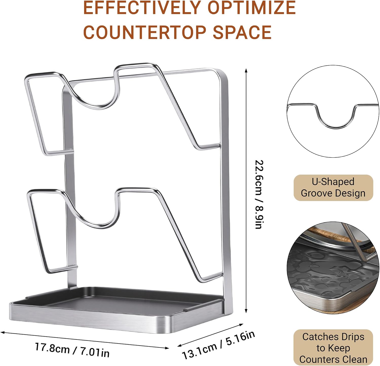 Kitchen Pot Lid Storage Rack, Stainless Steel Countertop Lid Holder, Double Layer Holder for Pots, Cutting Boards Spoons and Chopsticks
