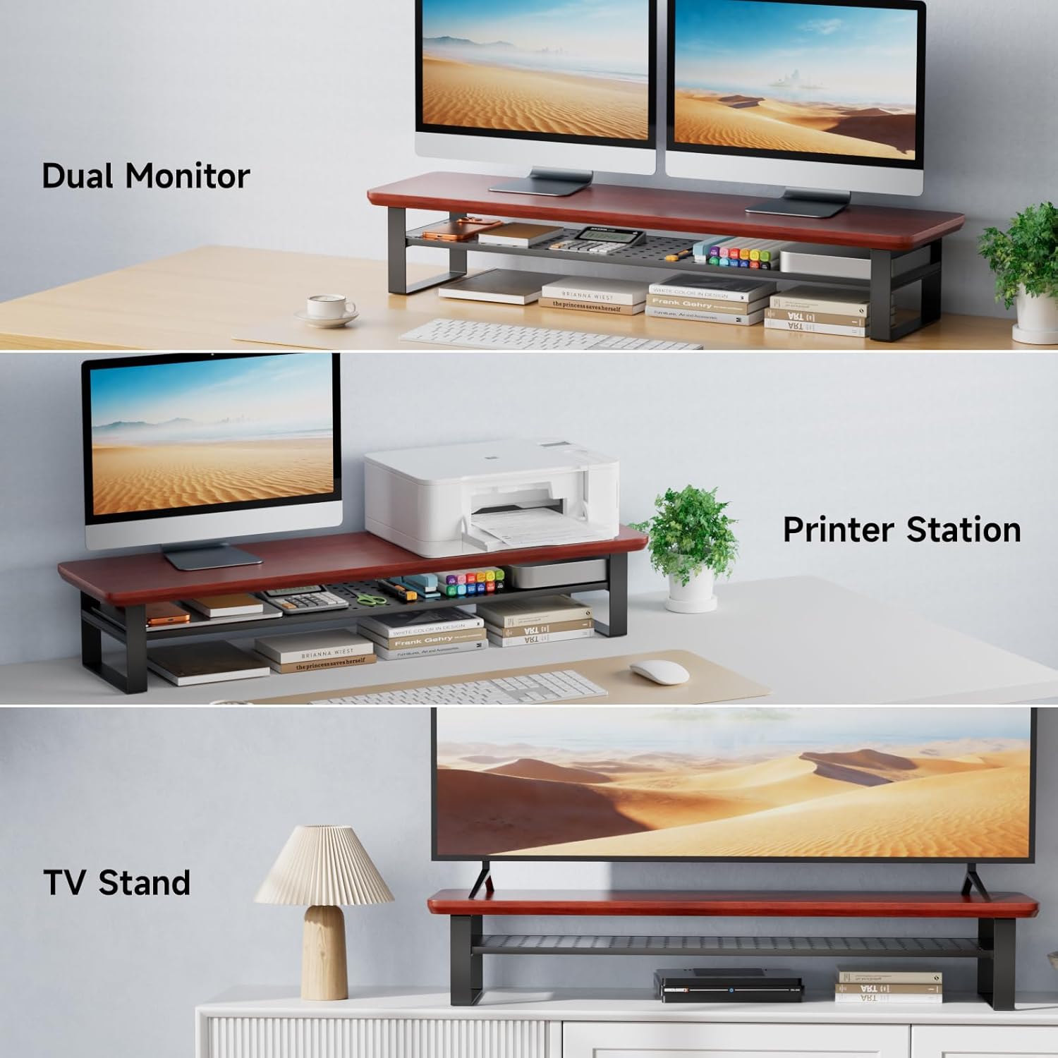 Dual Monitor Stand, 35.4 Inch Monitor Stand Riser for 2 Monitors, 2 Tiers Wood Desk Shelf with Storage, Desktop Organizer Stand for Computer, Laptop, Printer, TV