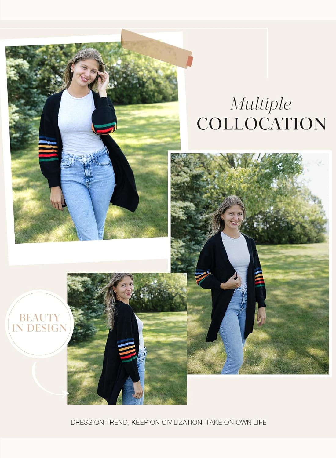 Dokotoo Women's Long Open Front Cardigans Striped Color Block Loose Knit Sweaters Outwear Coat - Image 5