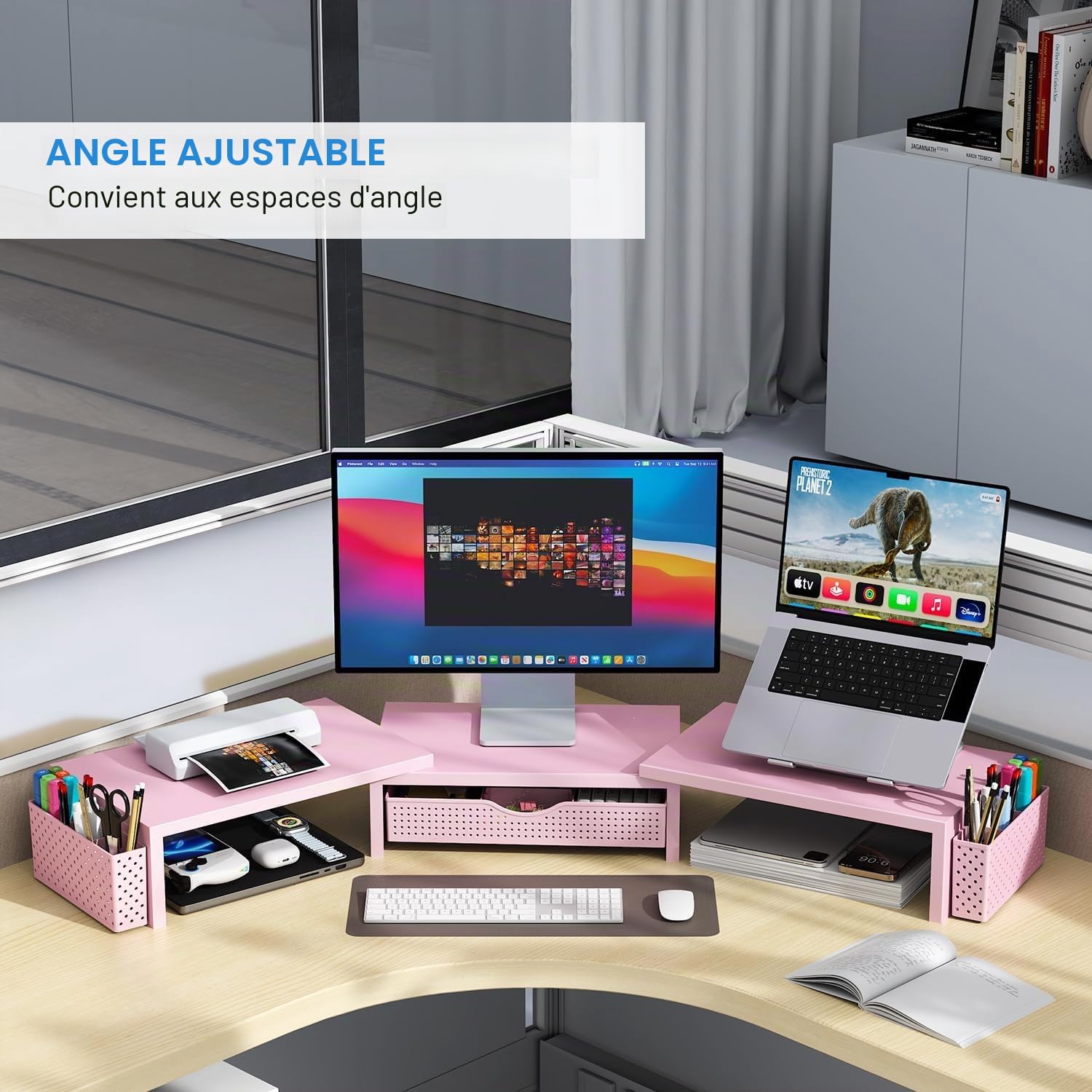 Support élévateur pour double moniteur, accessoires de bureau en métal avec tiroir et 2 porte-stylos, longueur et angle réglables - Support de moniteur d'ordinateur pour écran, ordinateur